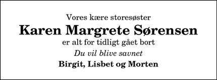 Dødsannoncen for Karen Margrete Sørensen - Terndrup