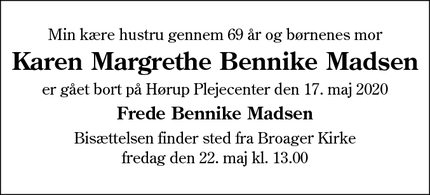 Dødsannoncen for Karen Margrethe Bennike Madsen - Broager