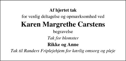 Taksigelsen for Karen Margrethe Carsten - Randers