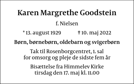 Dødsannoncen for Karen Margrethe Goodstein - København