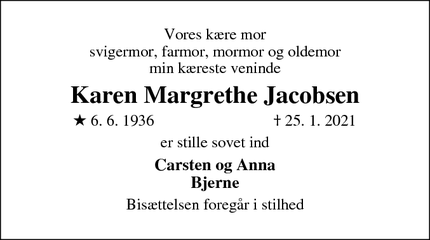 Dødsannoncen for Karen Margrethe Jacobsen - Odense  Fraugde