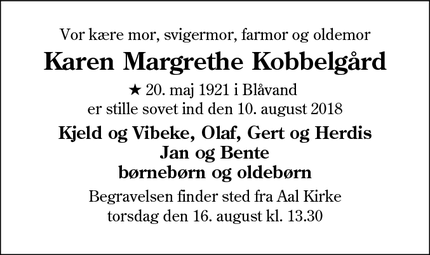 Dødsannoncen for Karen Margrethe Kobbelgård - Oksbøl