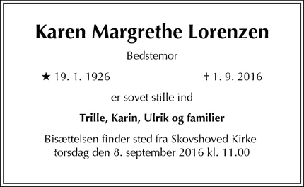 Dødsannoncen for Karen Margrethe Lorenzen - Hellerup