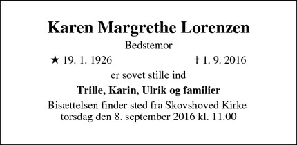 Dødsannoncen for Karen Margrethe Lorenzen - Hellerup