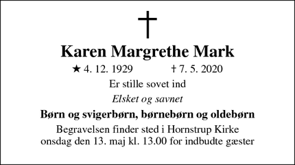 Dødsannoncen for Karen Margrethe Mark - Silkeborg