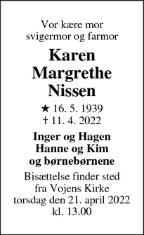 Dødsannoncen for Karen Margrethe Nissen - Vojens