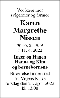 Dødsannoncen for Karen Margrethe Nissen - Vojens