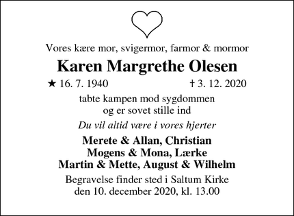 Dødsannoncen for Karen Margrethe Olesen - Saltum