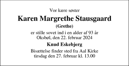 Dødsannoncen for Karen Margrethe Stausgaard - Virklund