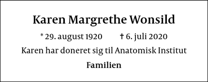Dødsannoncen for Karen Margrethe Wonsild - Århus