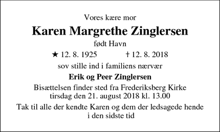 Dødsannoncen for Karen Margrethe Zinglersen - Frederiksberg