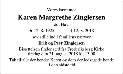 Dødsannoncen for Karen Margrethe Zinglersen - Frederiksberg