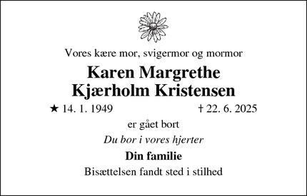 Dødsannoncen for Karen Margrethe
Kjærholm Kristensen - Aakirkeby