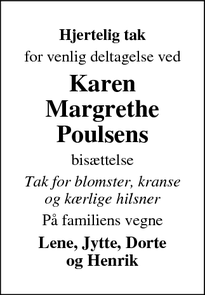 Taksigelsen for Karen
Margrethe
Poulsen - Thorning