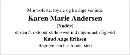 Dødsannoncen for Karen Marie Andersen - Egtved