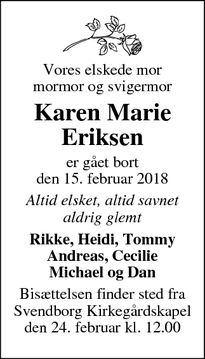 Dødsannoncen for Karen Marie Eriksen - Svendborg