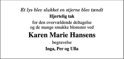 Taksigelsen for Karen Marie Hansens - Egtved