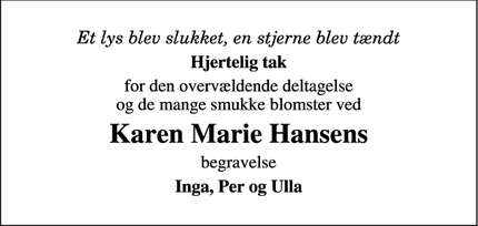 Taksigelsen for Karen Marie Hansens - Egtved
