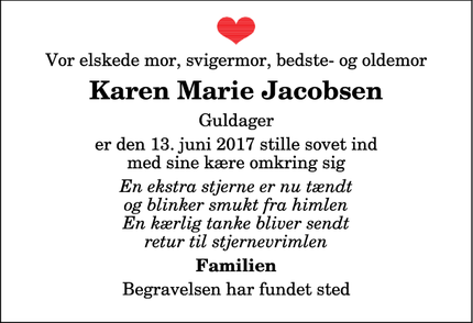 Dødsannoncen for Karen Marie Jacobsen - Saltum
