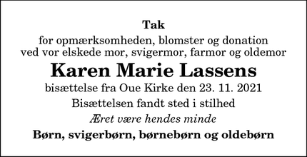 Dødsannoncen for Karen Marie Lassens - Mariager 