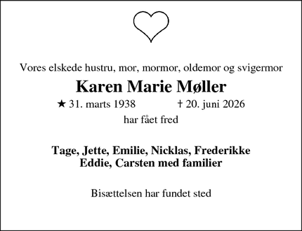 Dødsannoncen for Karen Marie M&oslash;ller - Nivå