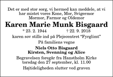 Dødsannoncen for Karen Marie Munk Bisgaard - Hanstholm