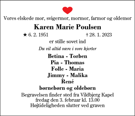 Dødsannoncen for Karen Marie Poulsen - Vildbjerg