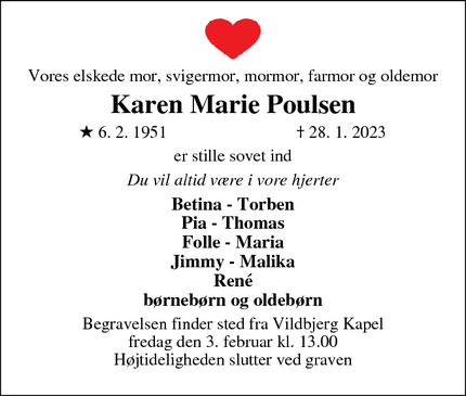 Dødsannoncen for Karen Marie Poulsen - Vildbjerg