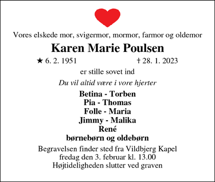 Dødsannoncen for Karen Marie Poulsen - Vildbjerg