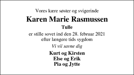 Dødsannoncen for Karen Marie Rasmussen - Ikast