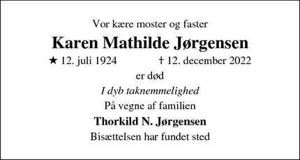 Dødsannoncen for Karen Mathilde Jørgensen - Aabenraa