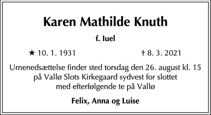Dødsannoncen for Karen Mathilde Knuth - Frederiksberg