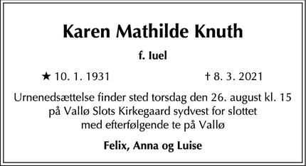 Dødsannoncen for Karen Mathilde Knuth - Frederiksberg