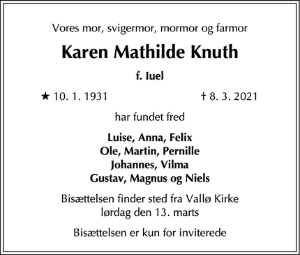 Dødsannoncen for Karen Mathilde Knuth - Frederiksberg