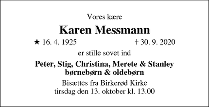 Dødsannoncen for Karen Messmann - Birkerød