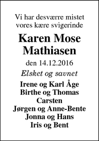 Dødsannoncen for Karen Mose Mathiasen - Holstebro