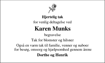 Dødsannoncen for Karen Munks - Nørresundby