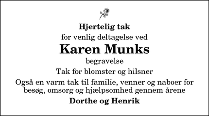 Dødsannoncen for Karen Munks - Nørresundby