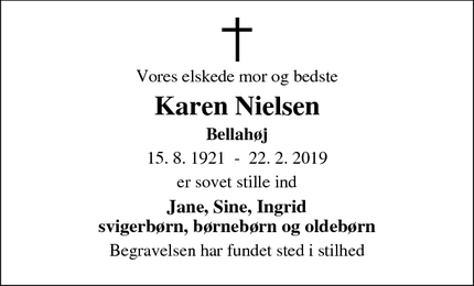 Dødsannoncen for Karen Nielsen - Brønshøj