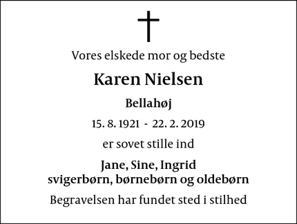Dødsannoncen for Karen Nielsen - Brønshøj