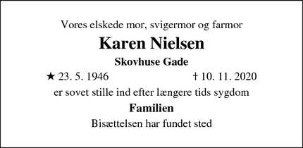 Dødsannoncen for Karen Nielsen - langebæk