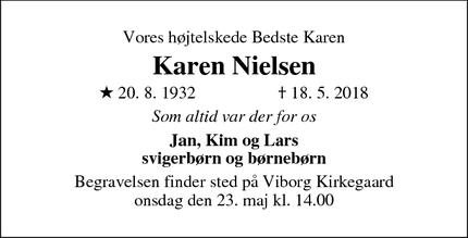 Dødsannoncen for Karen Nielsen - Viborg