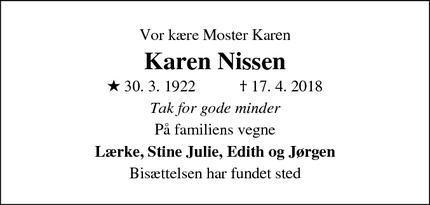 Dødsannoncen for Karen Nissen - Vodskov