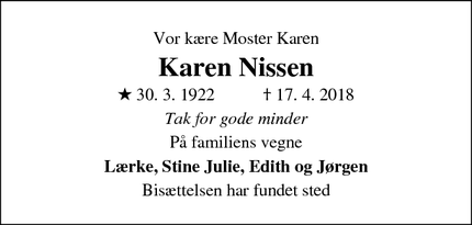 Dødsannoncen for Karen Nissen - Vodskov