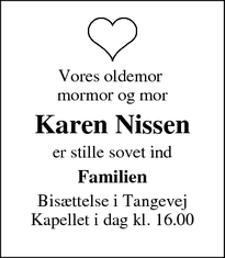 Dødsannoncen for Karen Nissen - Ribe