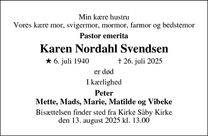 Dødsannoncen for Karen Nordahl Svendsen - Tjørnevej 9, 3450 Allerød