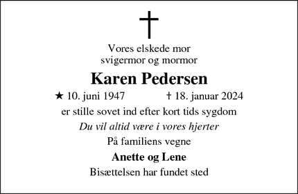Dødsannoncen for Karen Pedersen - Silkeborg