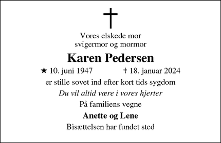 Dødsannoncen for Karen Pedersen - Silkeborg