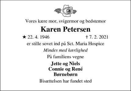 Dødsannoncen for Karen Petersen - Give
