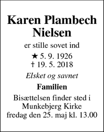 Dødsannoncen for Karen Plambech Nielsen - Odense